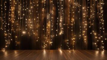 tangled wood background with string lights photo