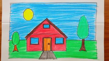 crayon simple house drawing photo