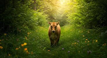 Golden Takin Calf in a Sunlit Forest Path, Majestic Creature in Lush Meadow, Wild Animal Photography photo