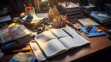 cluttered open book on desk photo