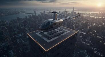 Helicopter on top of skyscraper at sunset photo