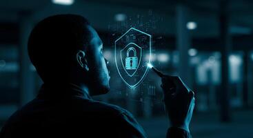 Cybersecurity Expert Analyzing Digital Shield and Lock Data Protection Concept photo