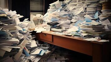 chaos stacks of paper on desk photo