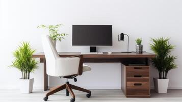 wood office desk with computer photo