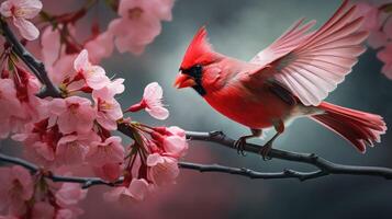 flight cardinal in cherry tree photo