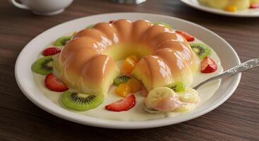 Delicious Peach and Mango Flan with Fresh Fruits and Creamy Sauce A Delightful Dessert photo