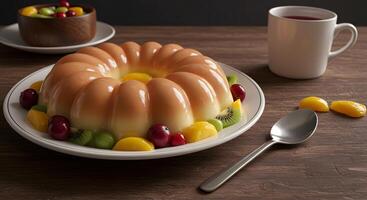 Delicious Peach and Cream Flan with Fresh Fruit Garnish, Served on Wooden Table with Tea photo