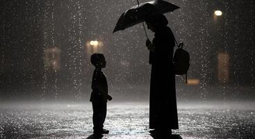 Silhouette of a Mother and Child in the Rain at Night A Tender Moment Under an Umbrella photo