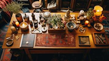 knacks wooden table top view photo