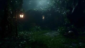 A dark, overgrown garden with a lamp post and a window photo