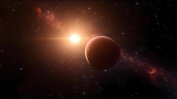 A red planet with a bright sun in the background photo