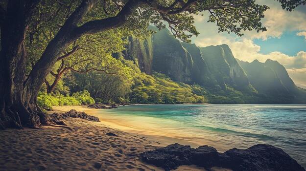A beautiful beach with a mountain in the background. The trees are tall and the sky is blue photo