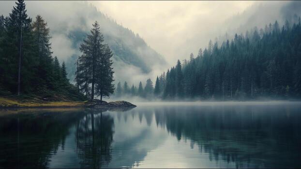A serene lake with a foggy mountain in the background photo