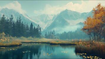 A serene landscape with a lake surrounded by trees and mountains photo