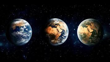 Three planets in the sky, one is blue, one is brown and one is green photo