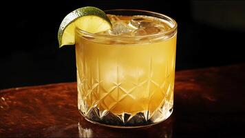 A glass of liquor with a lime wedge on top photo