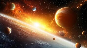 A beautiful and colorful space scene with a sun in the middle. The sun is surrounded by planets, including a large one in the foreground photo