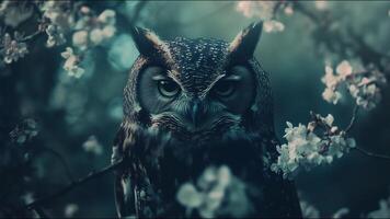A large owl is sitting on a branch of a tree with pink flowers in the background photo