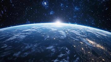 A beautiful view of the Earth from space, with the sun shining brightly on the planet. The stars are scattered throughout the sky, creating a serene and peaceful atmosphere photo