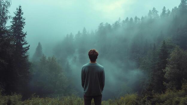 A man stands in a forest with foggy mist surrounding him. The atmosphere is calm and peaceful, and the man is lost in thought photo