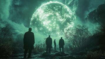 A group of people are walking through a forest with a large green glowing object in the background. Scene is eerie and mysterious photo