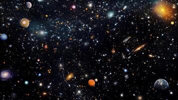 A galaxy with many stars and planets, including a red planet. The stars are scattered throughout the galaxy, with some closer together and others further apart photo