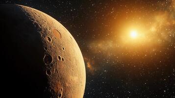 A large planet with a moon and a bright star in the background. The planet is surrounded by a lot of stars and the moon is in the foreground photo