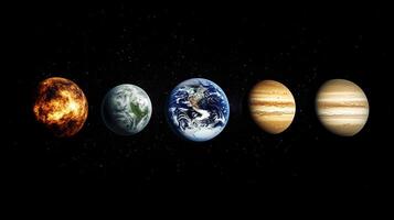A series of planets are shown in a row, with the first one being a red planet and the last one being a yellow planet photo