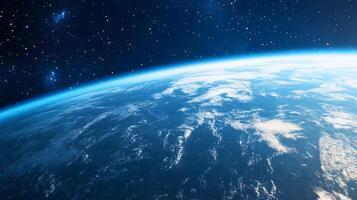 The blue planet is surrounded by a vast expanse of stars. The stars are scattered throughout the sky, creating a sense of depth and wonder. The planet appears to be a peaceful photo