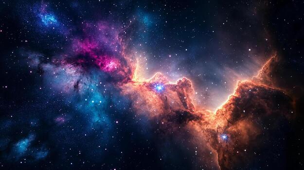 A colorful galaxy with a bright orange cloud in the middle. The stars are scattered throughout the sky, creating a sense of depth and vastness. The colors of the stars photo