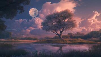 A tree is in the foreground of a lake with a full moon in the background. The sky is cloudy and the mood of the image is peaceful and serene photo
