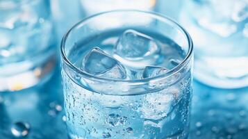 A glass of water with ice cubes in it. The water is clear and cold. The ice cubes are floating in the water, creating a refreshing and cool drink photo