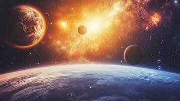 A close up of the planets in the solar system. The sun is in the middle of the planets and the planets are in different positions photo