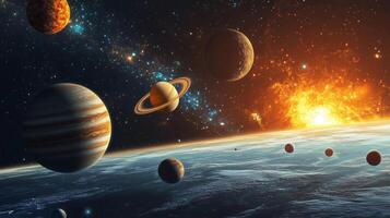 A colorful and vibrant image of the planets in our solar system. The planets are arranged in a way that they appear to be in motion, with the sun in the background photo