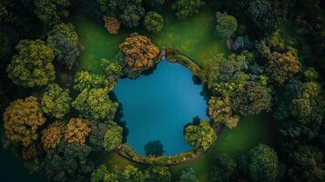 A large pond surrounded by trees with a blue water surface. The pond is in the middle of a forest photo