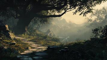 A tranquil forest scene with a large tree in the foreground and a path leading to it. The path is surrounded by lush green grass and rocks, creating a serene photo