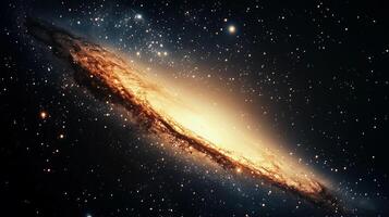 A large, yellow star in the middle of a dark sky. The star is surrounded by a large number of smaller stars photo