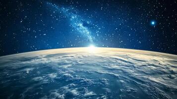 A beautiful view of the Earth from space, with a bright blue sky and a large, glowing star in the background. Concept of wonder and awe at the vastness of the universe photo