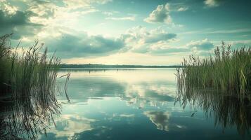 A calm lake with a cloudy sky in the background. The water is still and the sky is overcast photo