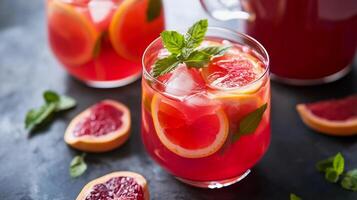 A glass of pink grapefruit juice with ice cubes and a sprig of mint. The juice is served in a glass with a garnish of mint photo