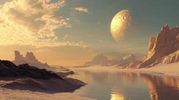 A beautiful landscape with a large planet in the sky. The sky is filled with clouds and the sun is setting. The water is calm and the reflection of the sky photo