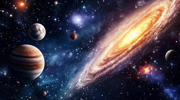 A colorful space scene with a large, yellowish-orange planet in the center. The planets are in various sizes and positions, with some closer to the viewer photo