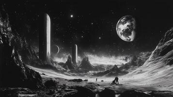A black and white photo of a barren planet with a man standing on it. The man is looking up at the sky, which is filled with stars