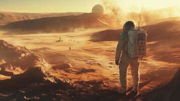 A man in a spacesuit stands on a desert planet. The planet is barren and rocky, with no signs of life. The man is looking up at the sky, which is filled with a large satellite photo