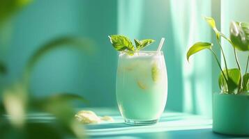 A glass of lemonade with a green leaf in it sits on a table. The drink is cold and refreshing, perfect for a hot day. The table is surrounded by potted plants photo