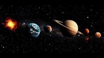 A close up of the planets in the solar system. The planets are in order from the sun, with the innermost planet being Mercury and the outermost being Neptune photo