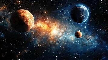 Three planets in the sky with a blue background. The planets are in different positions and sizes. The sky is filled with stars photo