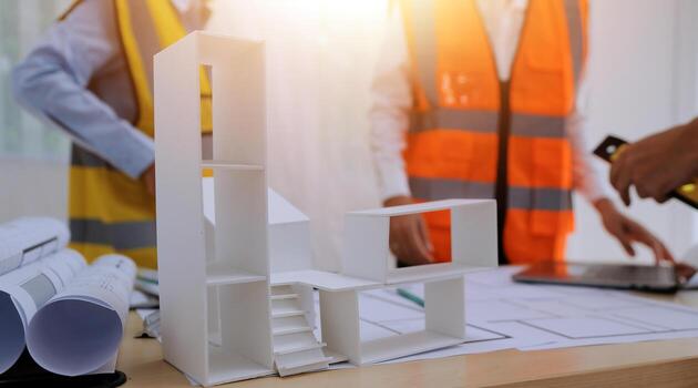 A man in an orange vest and another man in a white vest are working on a model of photo