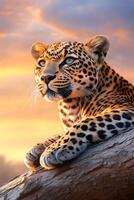Leopard resting on a branch at sunset looking away photo