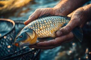 Fisherman holding a freshly caught carp fish in his hands photo